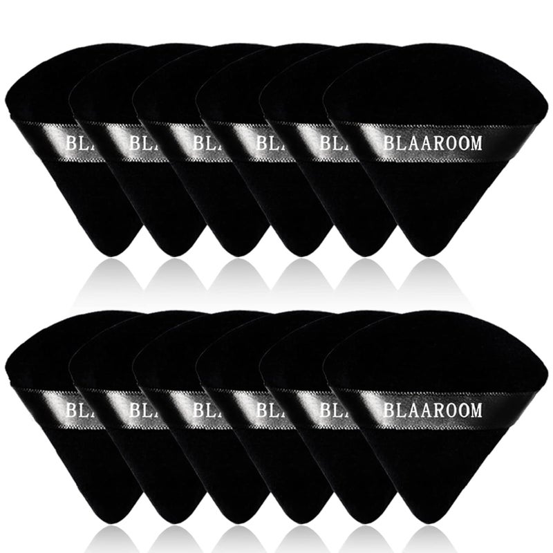 BLAAROOM 12 Pieces Powder Puff Face Makeup Puff, Velour Triangle Powder Puffs for Loose Powder Soft Cosmetic Foundation Sponges Wedge Shape Beauty Makeup Tools - Black - Image 1